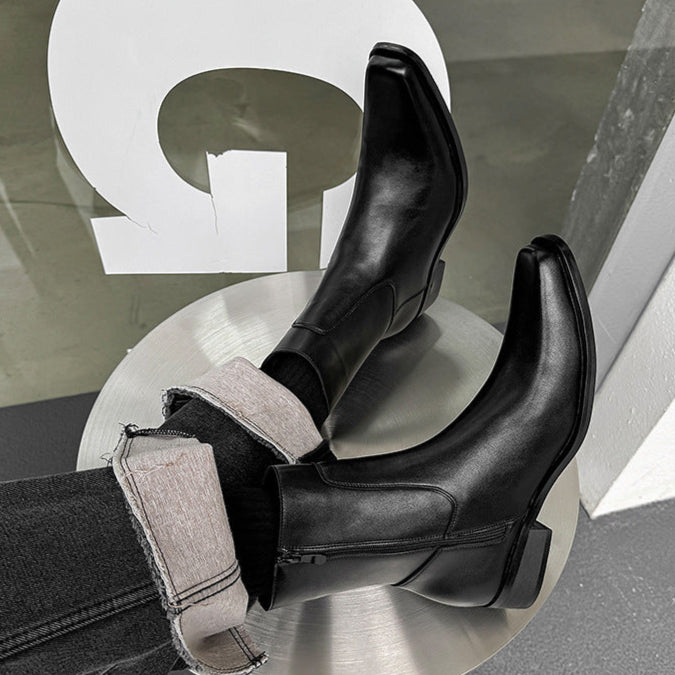 Pointy toe unisex boots black faux leather cowboy shoes high heel catwalk Chelsea boot