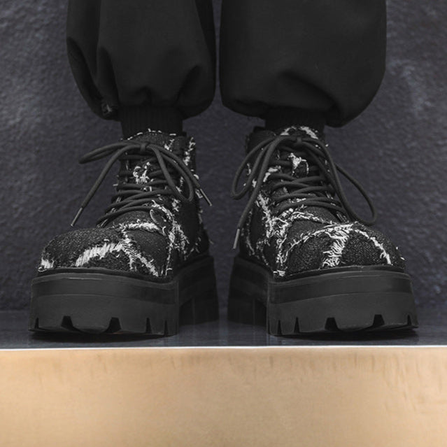 Distressed denim boots grey high platform rocker shoes big sole grunge trainers 80s style