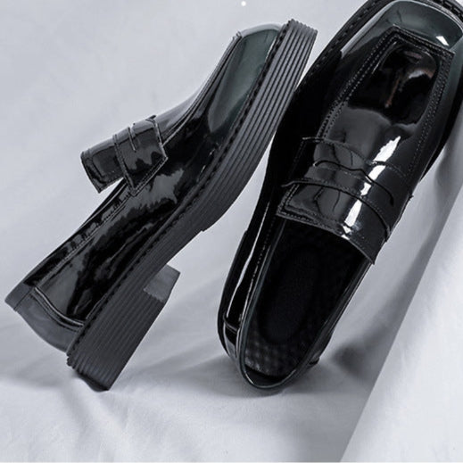 Square toe boat shoes black shiny patent faux leather chunky sole smart boots