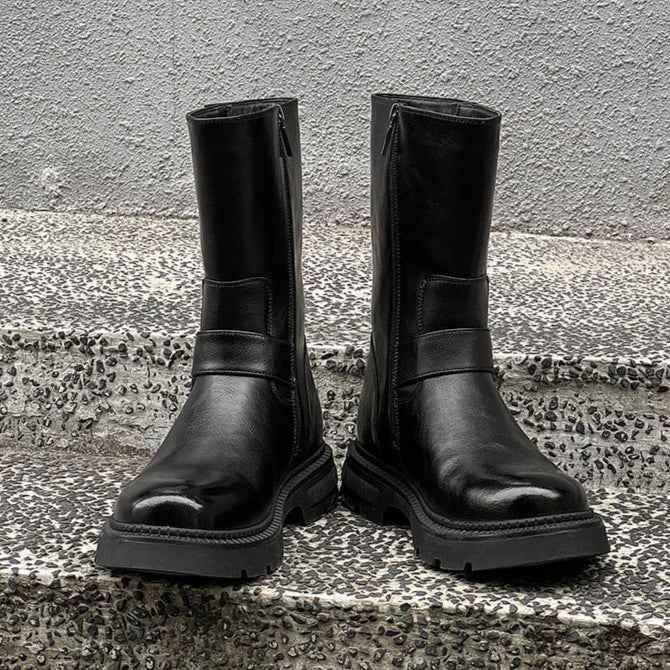 Side buckle hunter boots black low sole mountain shoes 00s grunge catwalk style faux leather