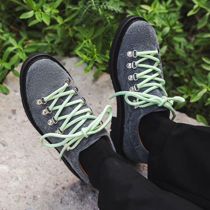 Hiking style shoes brown flat sole round toe suede feel boat sneakers grunge retro casual mountain trainers