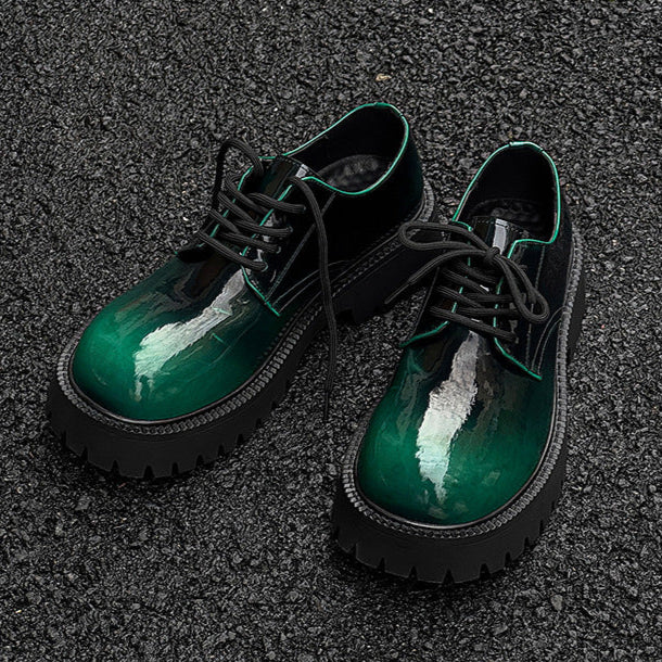 Tractor platform Derby shoes emerald green patent faux leather chunky sole grunge E-boy boots
