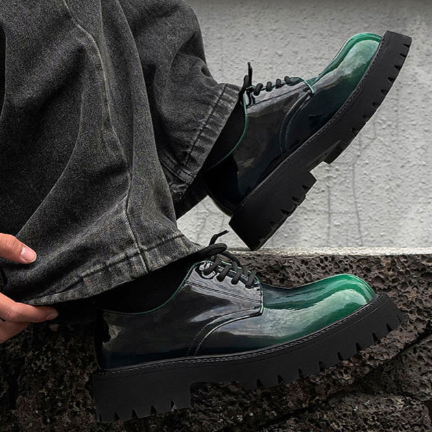 Tractor platform Derby shoes emerald green patent faux leather chunky sole grunge E-boy boots