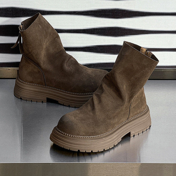 Wrinkled faux suede boots black tractor sole slip on ankle shoes hiking shoes edgy work trainers