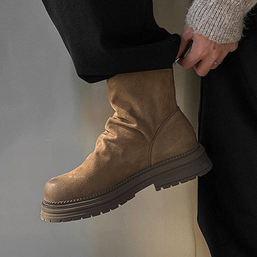 Wrinkled faux suede boots black tractor sole slip on ankle shoes hiking shoes edgy work trainers