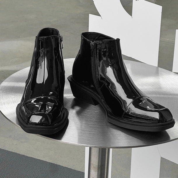 Pointy toe shiny ankle boots black unisex patent faux leather cowboy shoes high heel catwalk Chelsea boot