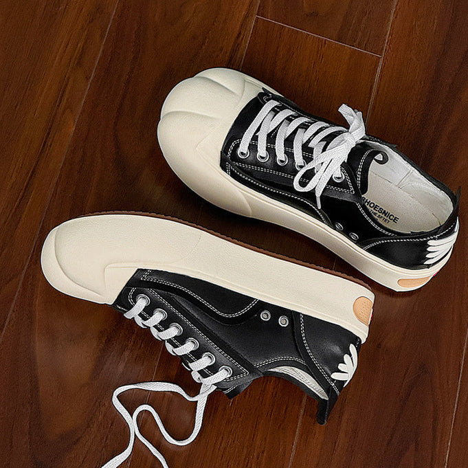 Platform faux leather sneakers black futuristic round toe chunky sole skater shoes grunge punk trainers