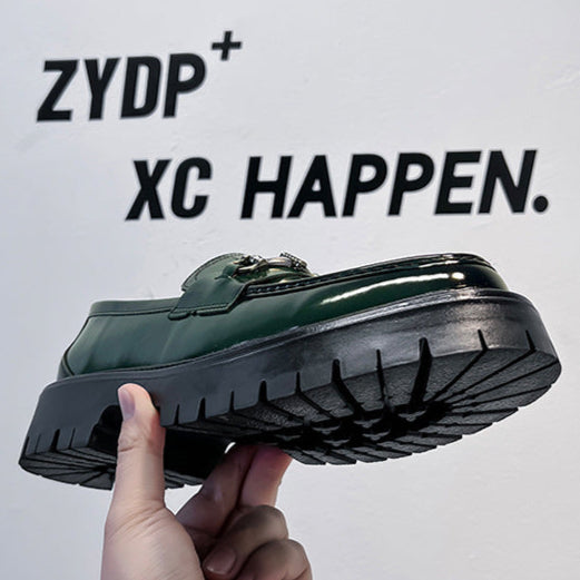 Square toe chained boat shoes black shiny patent faux leather chunky sole smart boots