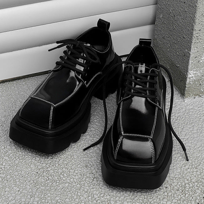 Square toe Derby shoes black shiny chunky sole brogues catwalk shoes grunge fashion boots