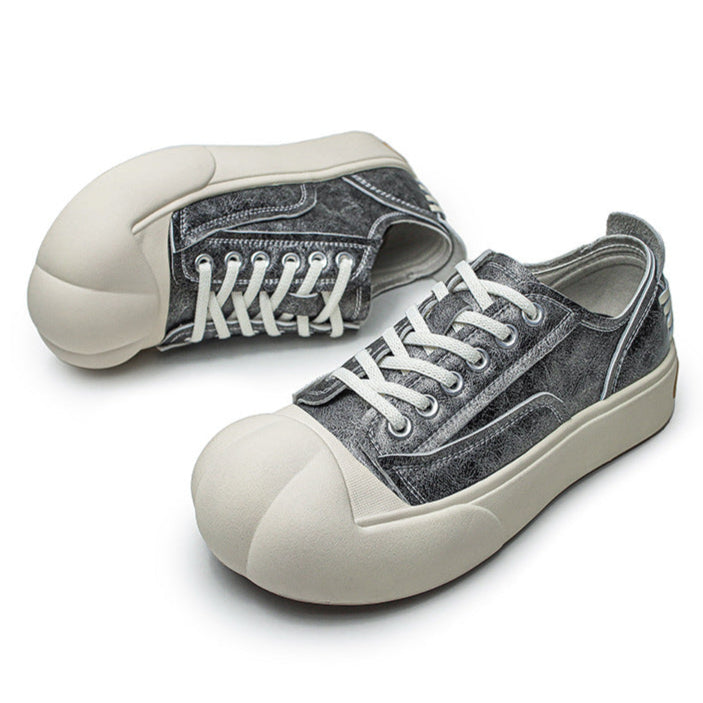 Platform faux leather sneakers grey futuristic round toe chunky sole skater shoes grunge punk trainers