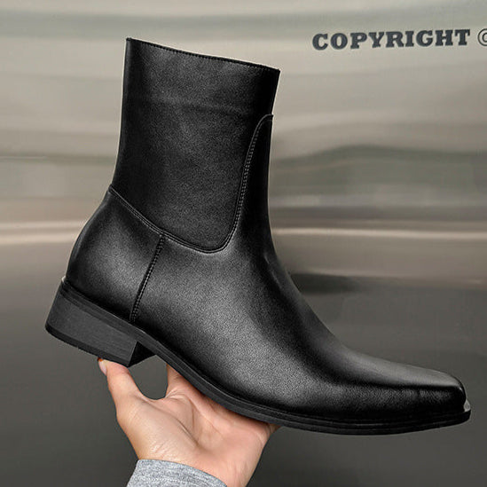 Pointy toe unisex boots black faux leather cowboy shoes high heel catwalk Chelsea boot