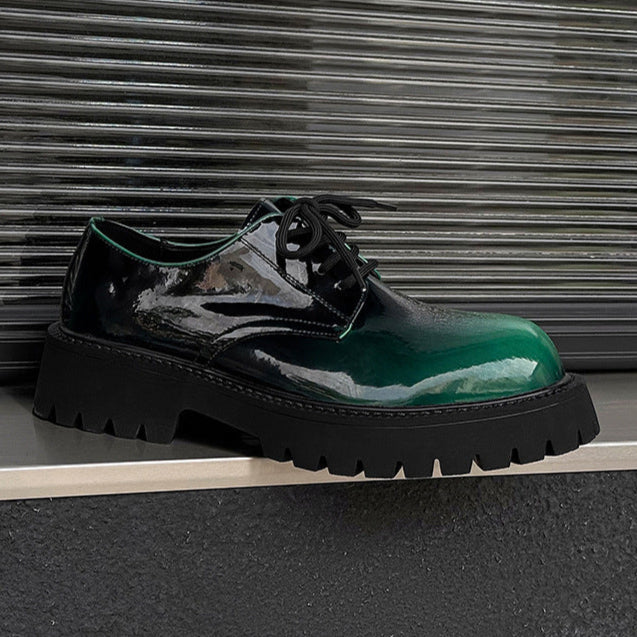 Tractor platform Derby shoes emerald green patent faux leather chunky sole grunge E-boy boots