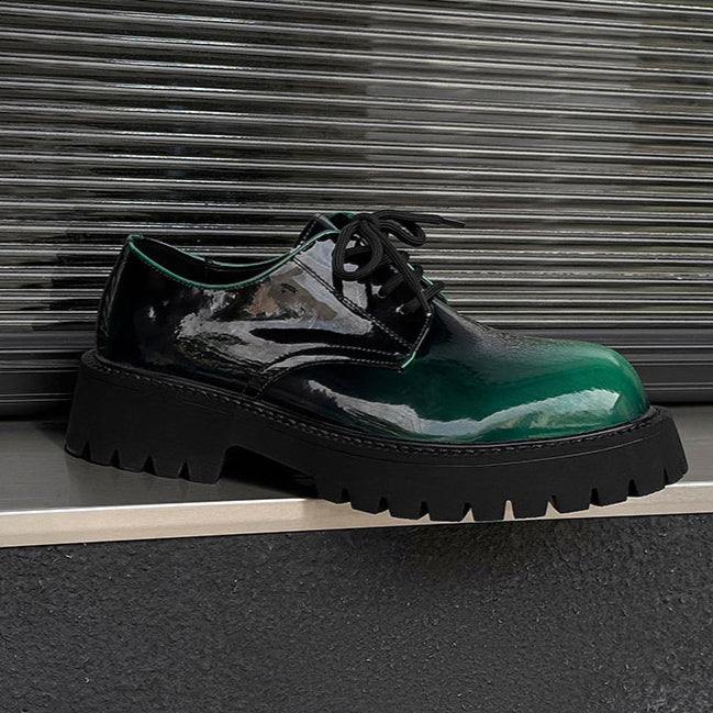 Tractor platform Derby shoes emerald green patent faux leather chunky sole grunge E-boy boots