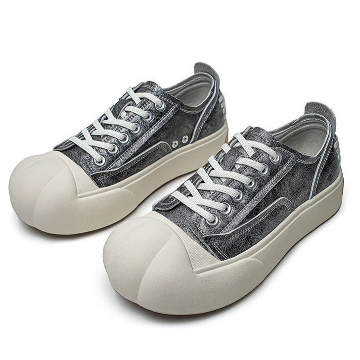 Platform faux leather sneakers grey futuristic round toe chunky sole skater shoes grunge punk trainers