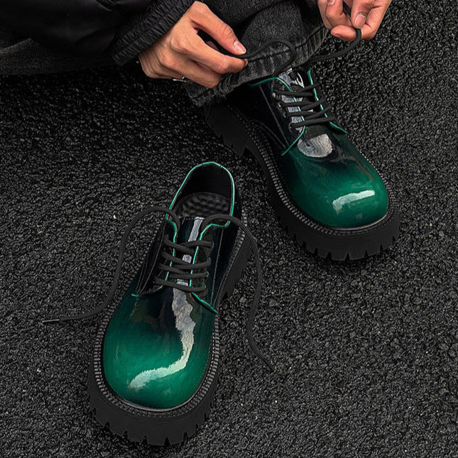 Tractor platform Derby shoes emerald green patent faux leather chunky sole grunge E-boy boots