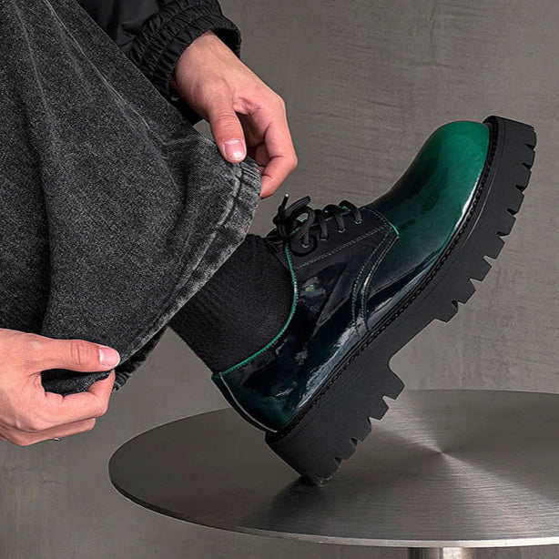 Tractor platform Derby shoes emerald green patent faux leather chunky sole grunge E-boy boots
