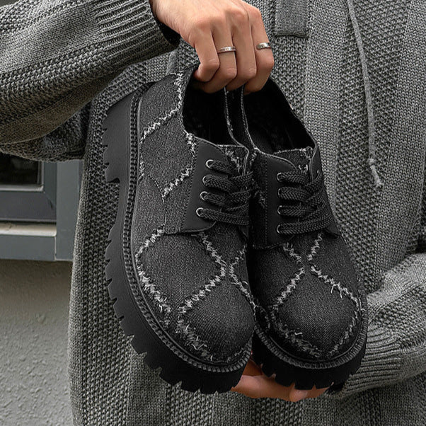 Distressed denim smart shoes grey ripped grunge Derby boots classic smart retro sneakers