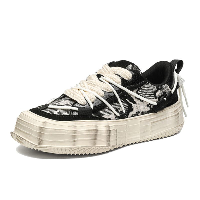 Melted platform denim sneakers camo round toe chunky skater shoes grunge jean trainers