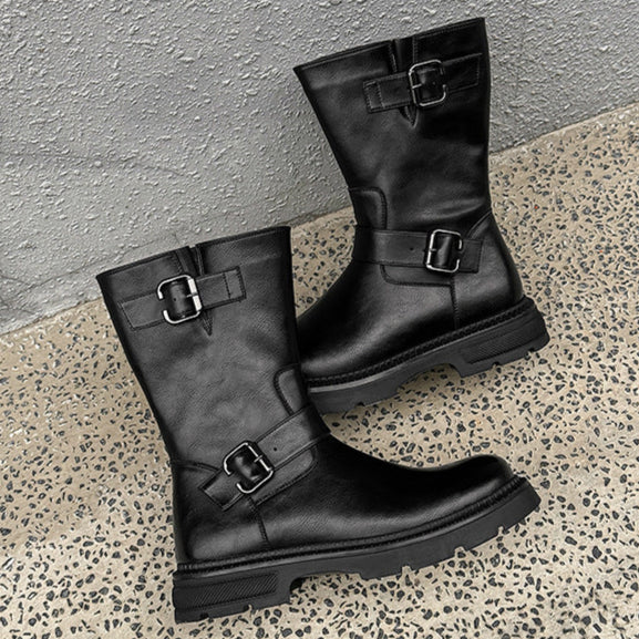 Side buckle hunter boots black low sole mountain shoes 00s grunge catwalk style faux leather