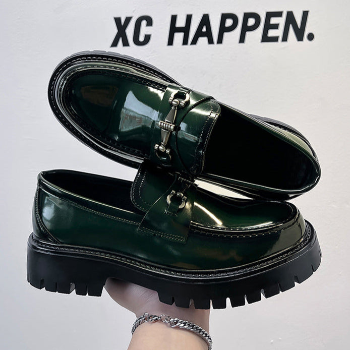 Square toe chained boat shoes black shiny patent faux leather chunky sole smart boots