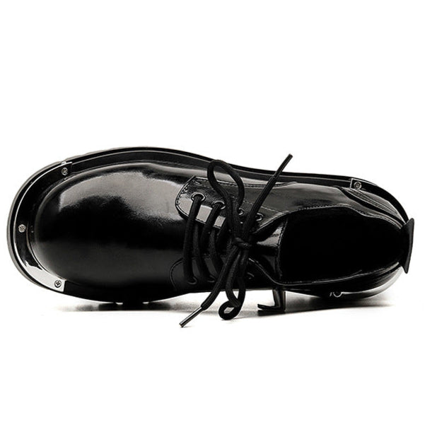 Metal plated Derby shoes matte black chunky sole round toe brogues faux leather catwalk shoes grunge fashion