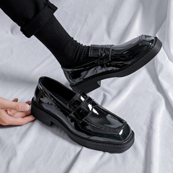 Square toe boat shoes black shiny patent faux leather chunky sole smart boots