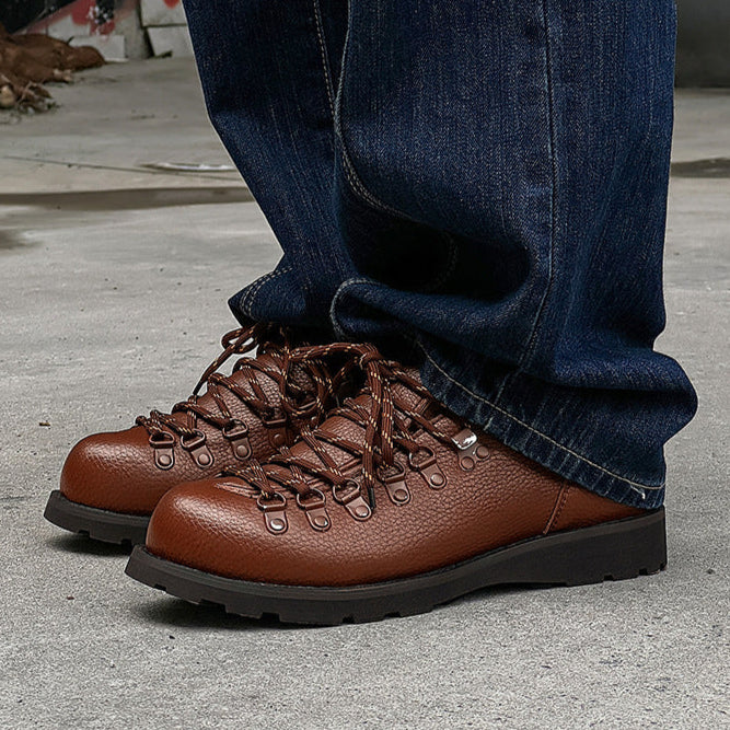 Hiking style shoes black faux leather flat sole round toe grunge boat sneakers retro casual mountain trainers