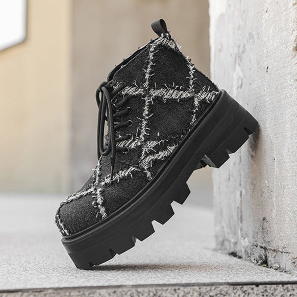 Distressed denim boots grey high platform rocker shoes big sole grunge trainers 80s style