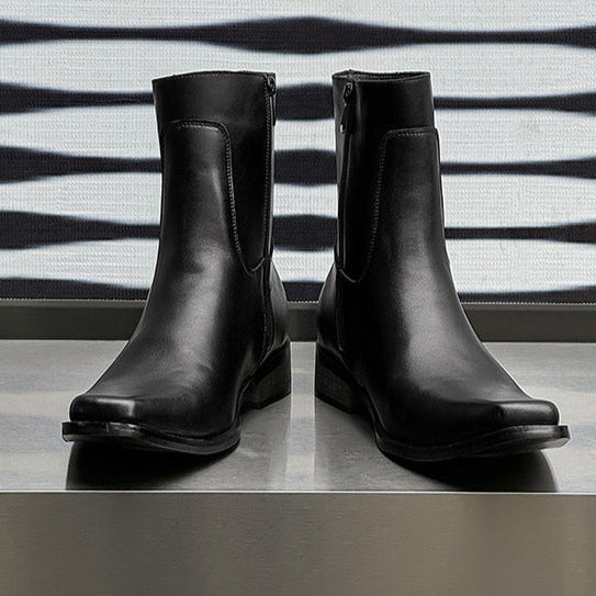 Pointy toe unisex boots black faux leather cowboy shoes high heel catwalk Chelsea boot