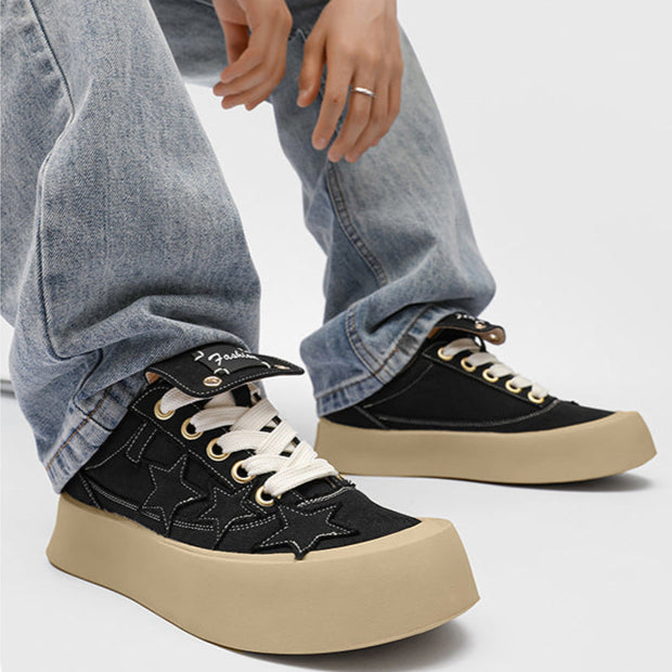 Star patchwork denim sneakers black denim shoes chunky sole hip-hop trainers 00s style