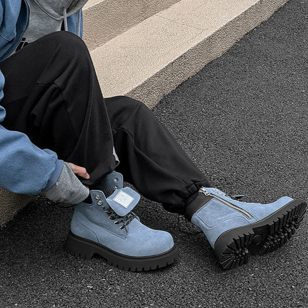 Grunge work boots blue suede feel hiking shoes catwalk mountain trainers