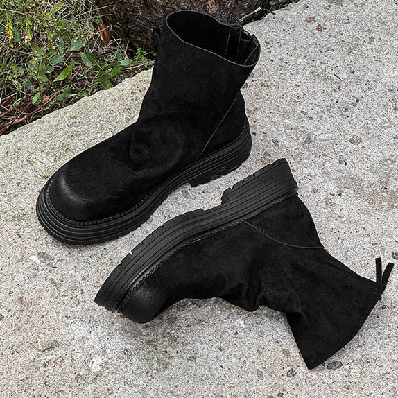 Wrinkled faux suede boots black tractor sole slip on ankle shoes hiking shoes edgy work trainers