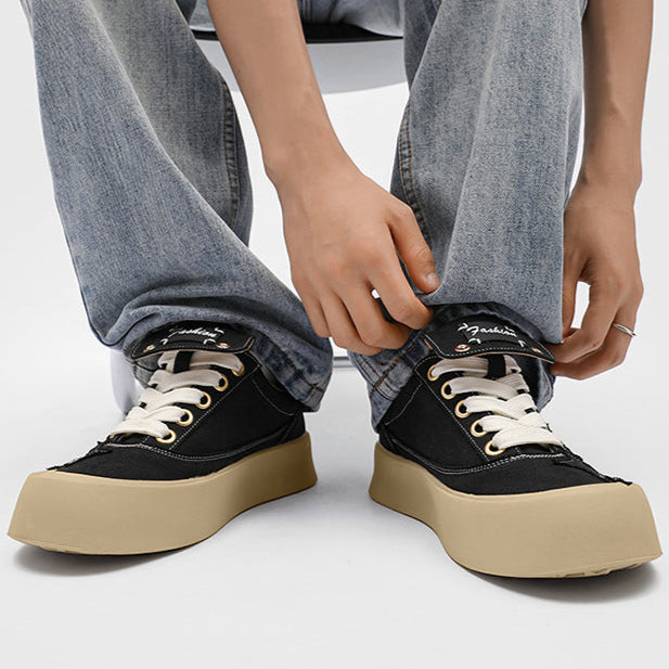 Star patchwork denim sneakers black denim shoes chunky sole hip-hop trainers 00s style