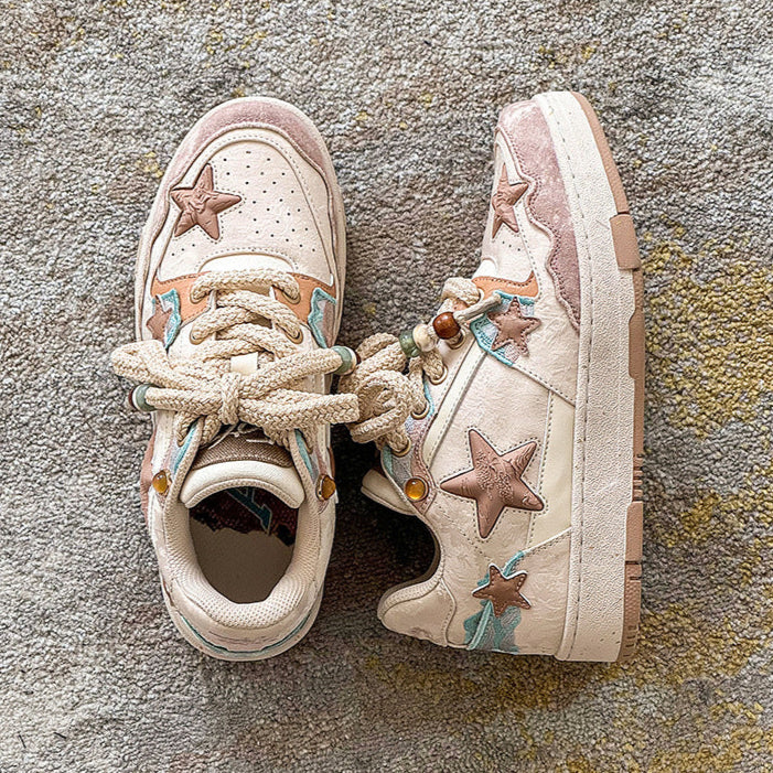 Star patchwork sneakers beige sea life shoes chunky sole hip-hop trainers 00s style