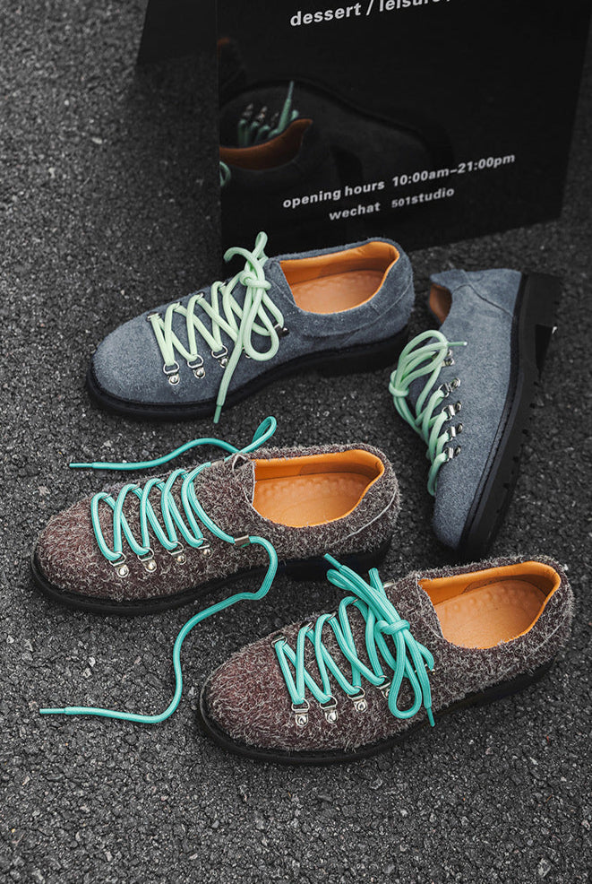 Hiking style shoes brown flat sole round toe suede feel boat sneakers grunge retro casual mountain trainers