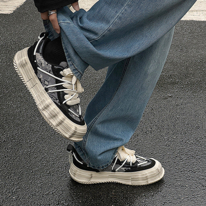 Melted platform denim sneakers camo round toe chunky skater shoes grunge jean trainers