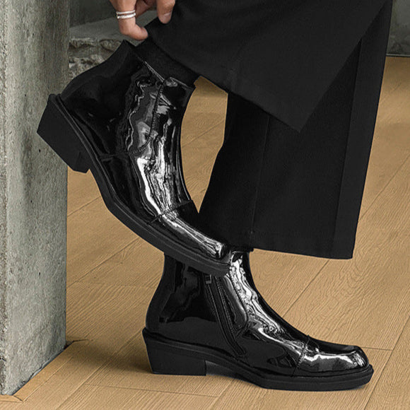 Pointy toe shiny ankle boots black unisex patent faux leather cowboy shoes high heel catwalk Chelsea boot