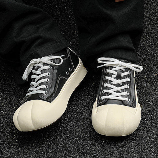 Platform faux leather sneakers black futuristic round toe chunky sole skater shoes grunge punk trainers