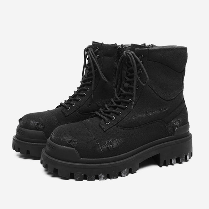 Grunge denim boots black ripped jean ankle shoes tractor sole hiking shoes edgy mountain trainers