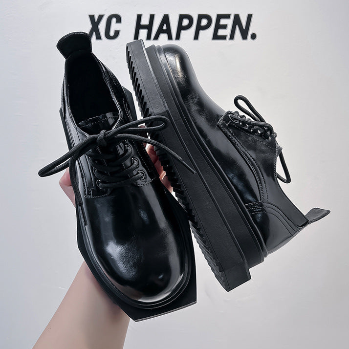 Asymmetric platform patent faux leather shoes black shiny round toe chunky sole catwalk shoes grunge fashion boots