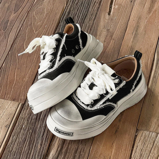 Platform distressed denim sneakers black round toe chunky skater shoes grunge jean trainers