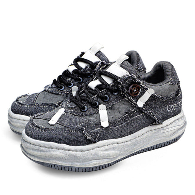 Melted platform denim sneakers grey round toe chunky skater shoes grunge jean trainers