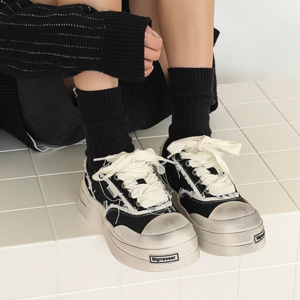 Platform distressed denim sneakers black round toe chunky skater shoes grunge jean trainers