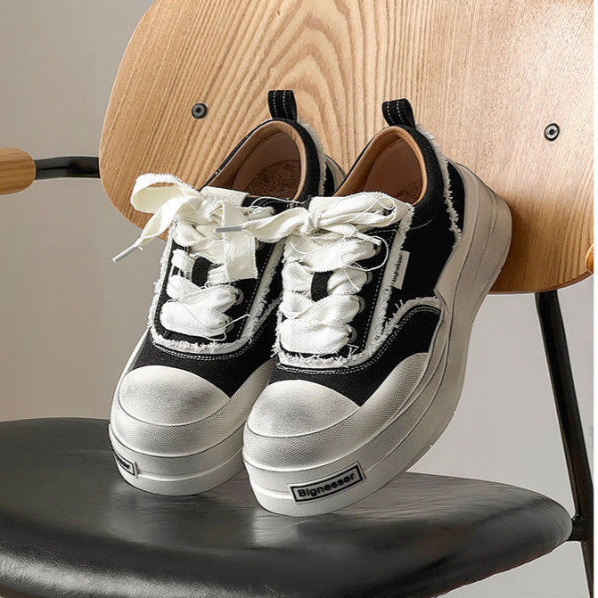 Platform distressed denim sneakers black round toe chunky skater shoes grunge jean trainers