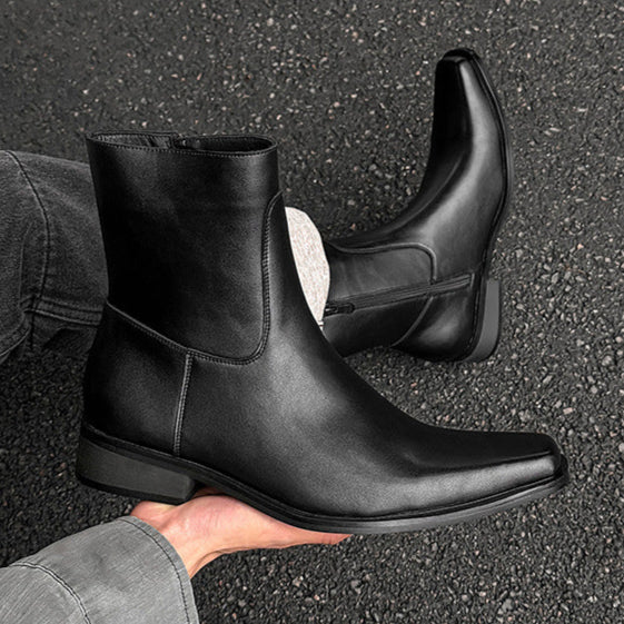 Pointy toe unisex boots black faux leather cowboy shoes high heel catwalk Chelsea boot