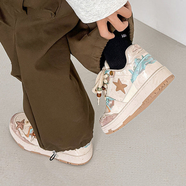 Star patchwork sneakers beige sea life shoes chunky sole hip-hop trainers 00s style