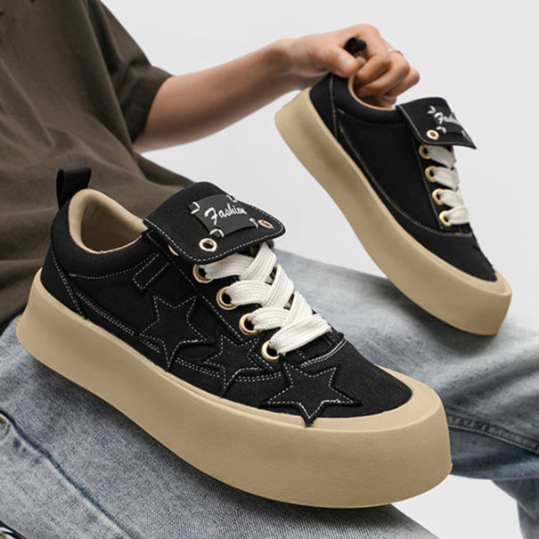 Star patchwork denim sneakers black denim shoes chunky sole hip-hop trainers 00s style