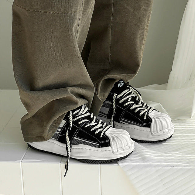 Melted platform sneakers black grey round toe chunky skater shoes grunge rapper trainers