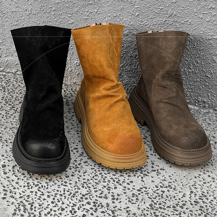 Wrinkled faux suede boots black tractor sole slip on ankle shoes hiking shoes edgy work trainers