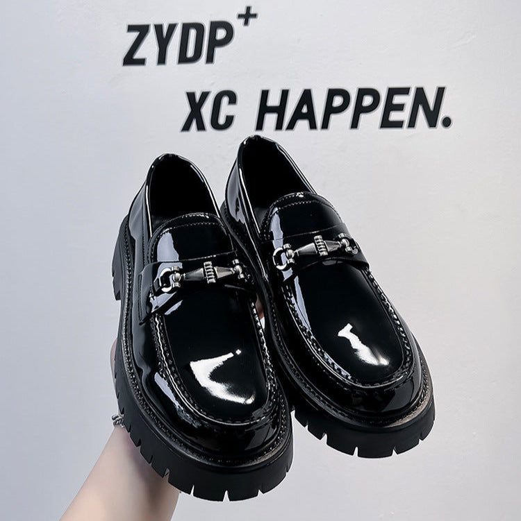 Square toe chained boat shoes black shiny patent faux leather chunky sole smart boots